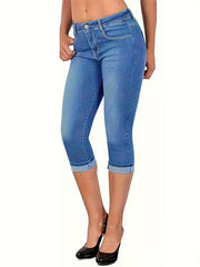 Slim Fit Cropped Jeans Slash Pockets Mid Stretch Capris Denim Pants