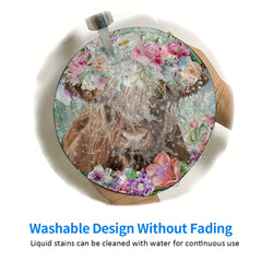 Floral Highland Cow Mouse Pad Round Mouse Mat Non Slip Rubber Base