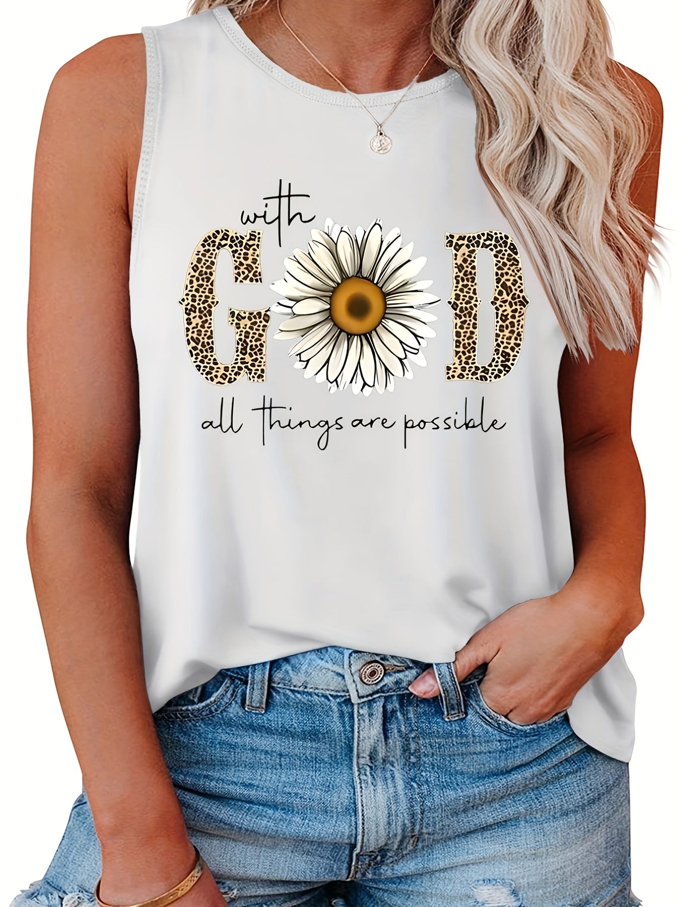 Leopard Slogan & Floral Print Tank Top