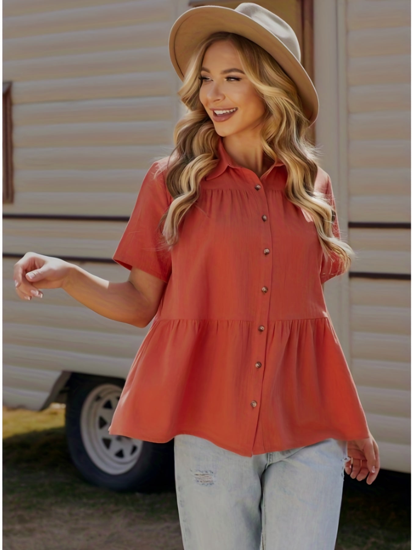 Short Sleeve Button-Up Blouse