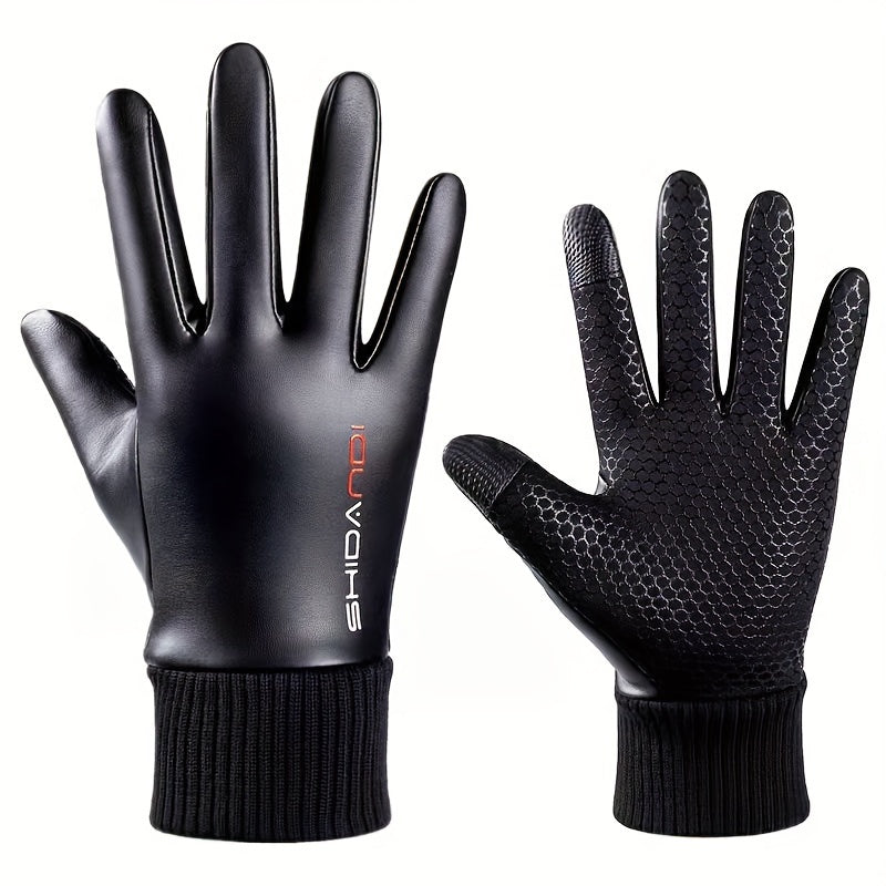 Men's Full Finger Cycling Gloves Autumn/Winter Warm Waterproof PU Leather