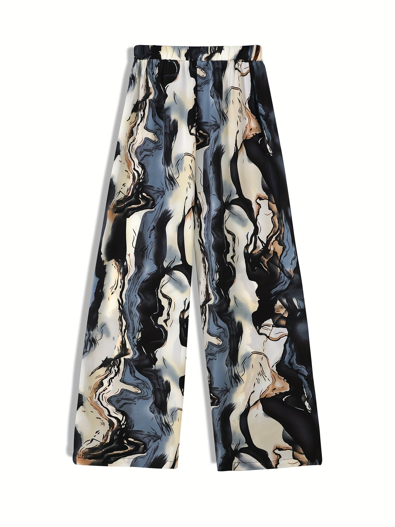 Marble Print Wide Leg Pants with Belt for Women