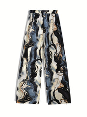 Marble Print Wide Leg Pants with Belt for Women