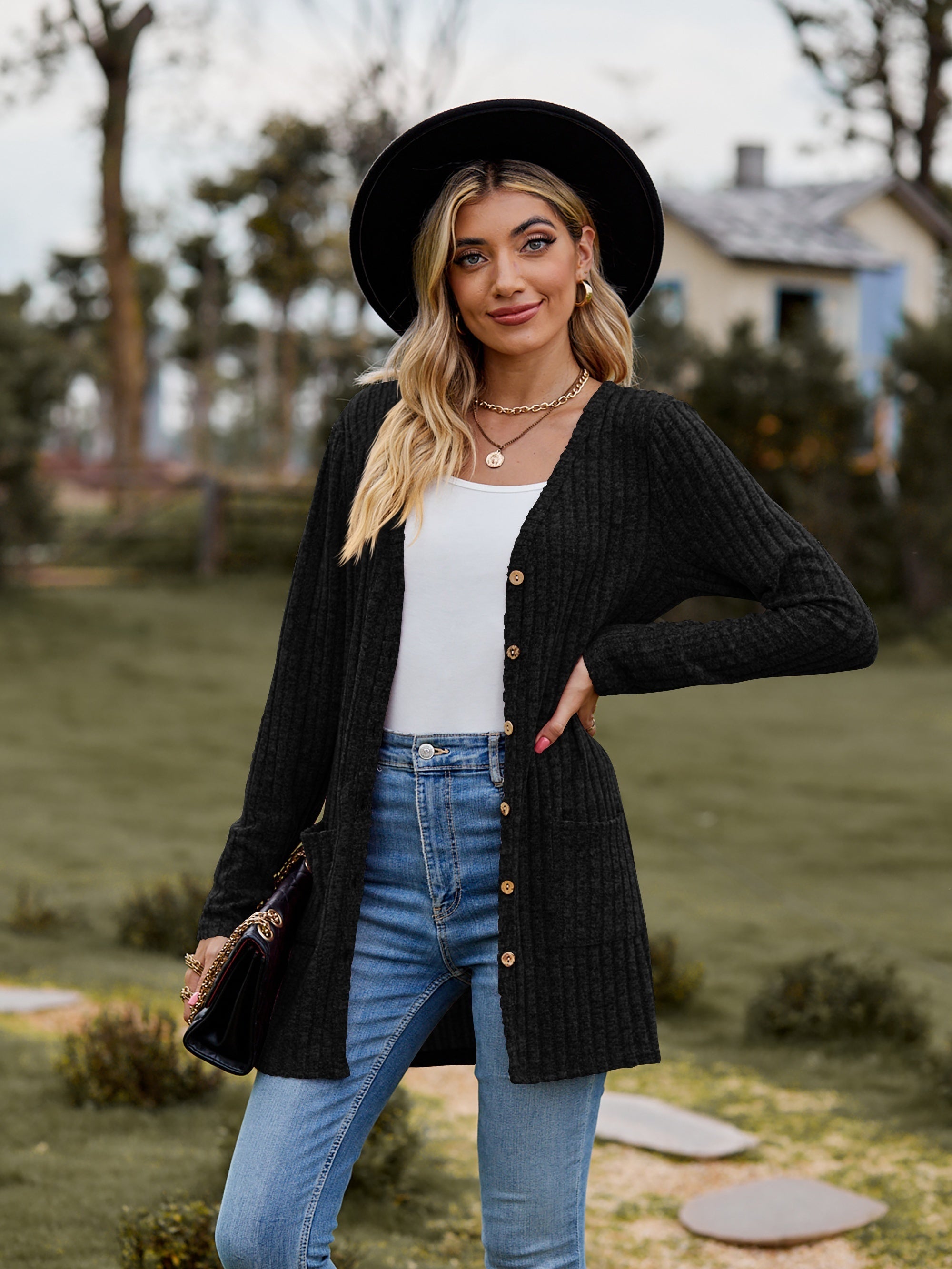 Solid Button Up Pocket Cardigan Long Sleeve Sweater for Women