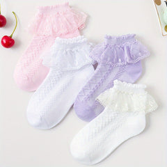 4 Pairs Lace Ruffled Knit Socks Soft Comfortable Breathable Cotton