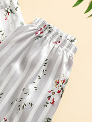 Girls Plant Floral Pattern Lapel Neck Pajama Set