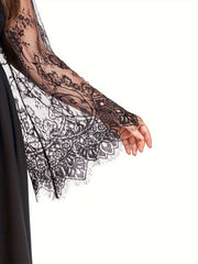 Sexy Dress Women's Plus Solid Contrast Lace Bell Sleeve V Neck Medium