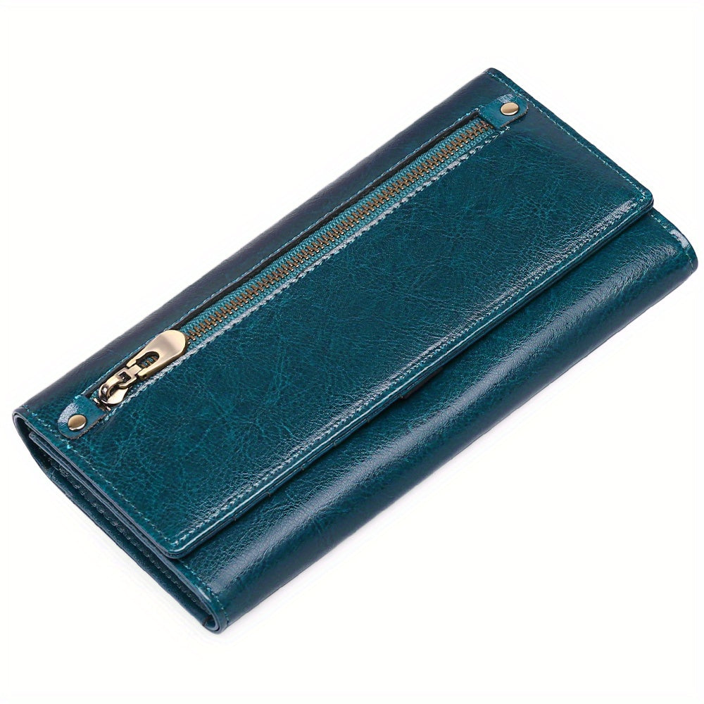 Vintage Style Split Leather Long Wallet Zippered Coin Purse