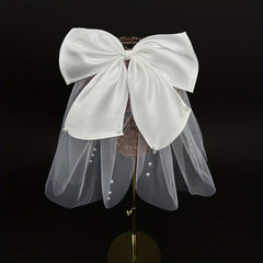 Faux Pearl Bow Veil Hair Clip French Barrette Bridal Head Accessories