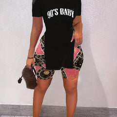 90's Baby Print Two Piece Outfit Casual T Shirt & Random Print Shorts