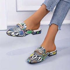 Snake Print Mules with Chain Detail Slip On Shoes