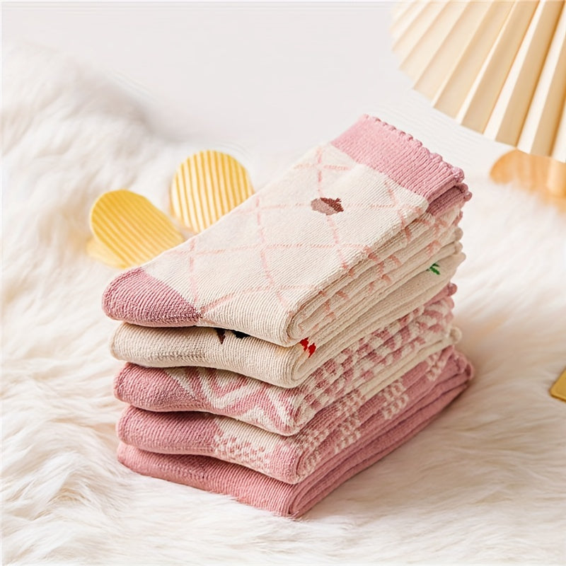 5 Pairs Geometric & Cartoon Pattern Socks Comfy Thickened Mid Tube Stockings
