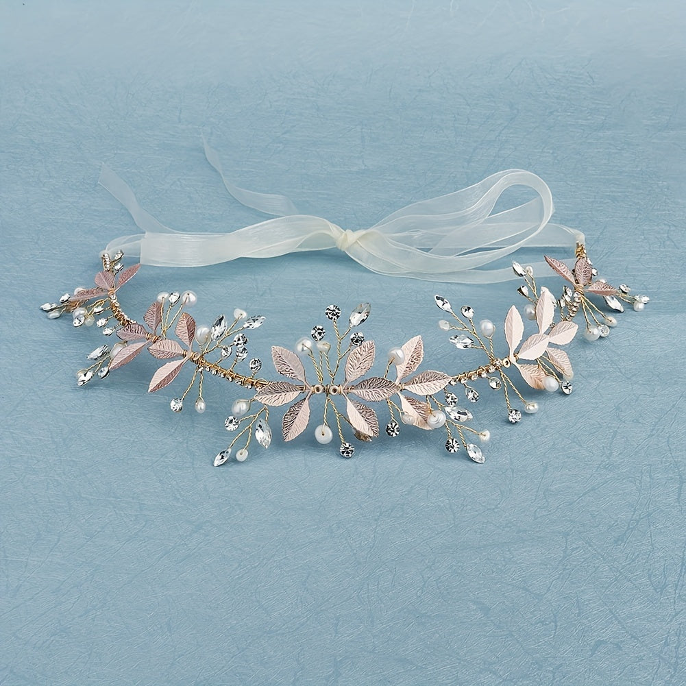 Leaf Charm Hair Band Rhinestone & Faux Pearl Decor Headband Bridal