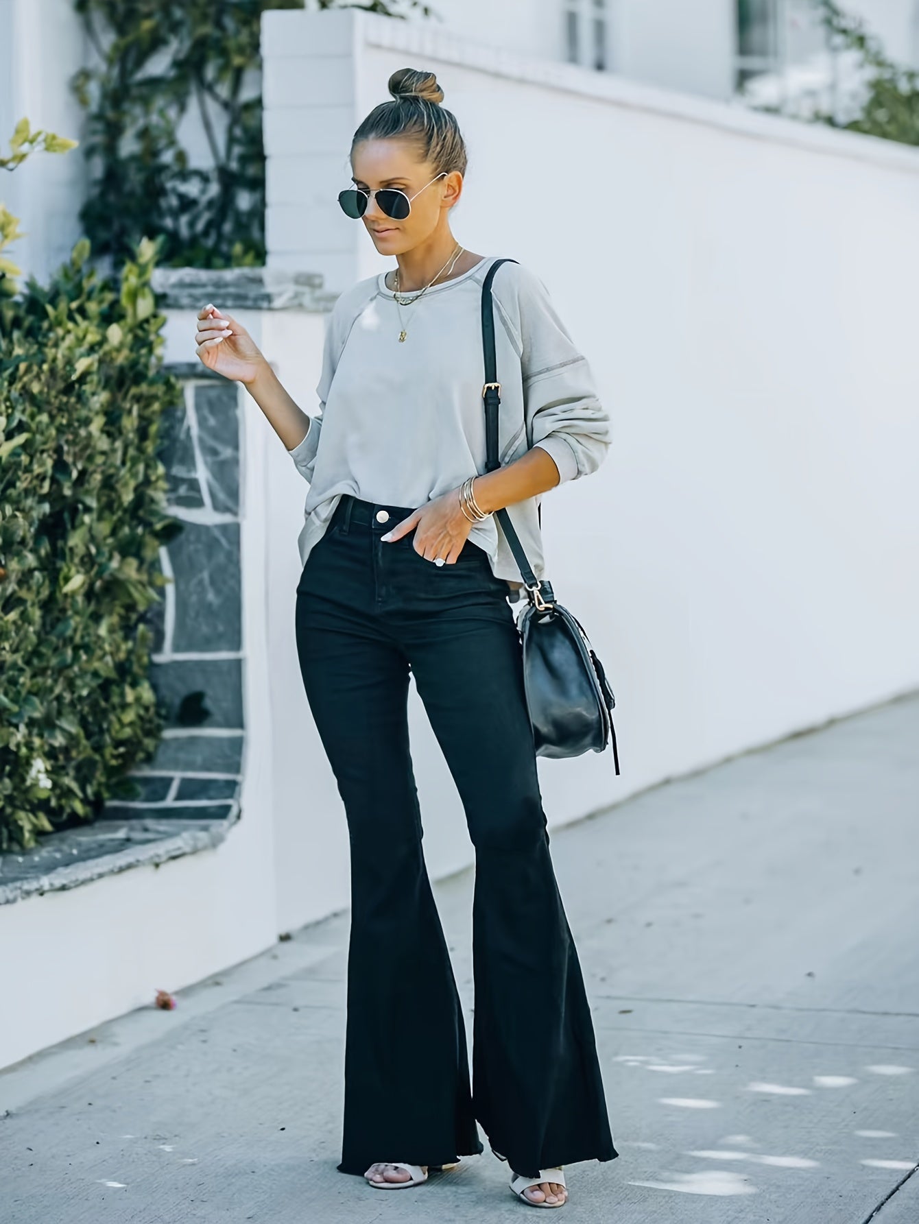 Solid Raw Trim Button Fly High Rise Flared Leg Jeans