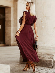 Ruffle Trim Pleated Dress Solid Surplice Neck Maxi Dress Women's Clothing