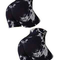 2pcs Tie Dye Yoga Sports Shorts High Waist Training Workout Shorts Women's