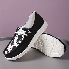 Women's Cow Pattern Patchwork Boat Shoes Lace Up Slip On Canvas Shoes