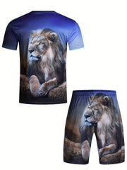 Men's Lion Pattern 3D Print T-shirt & Shorts Set for Fitness