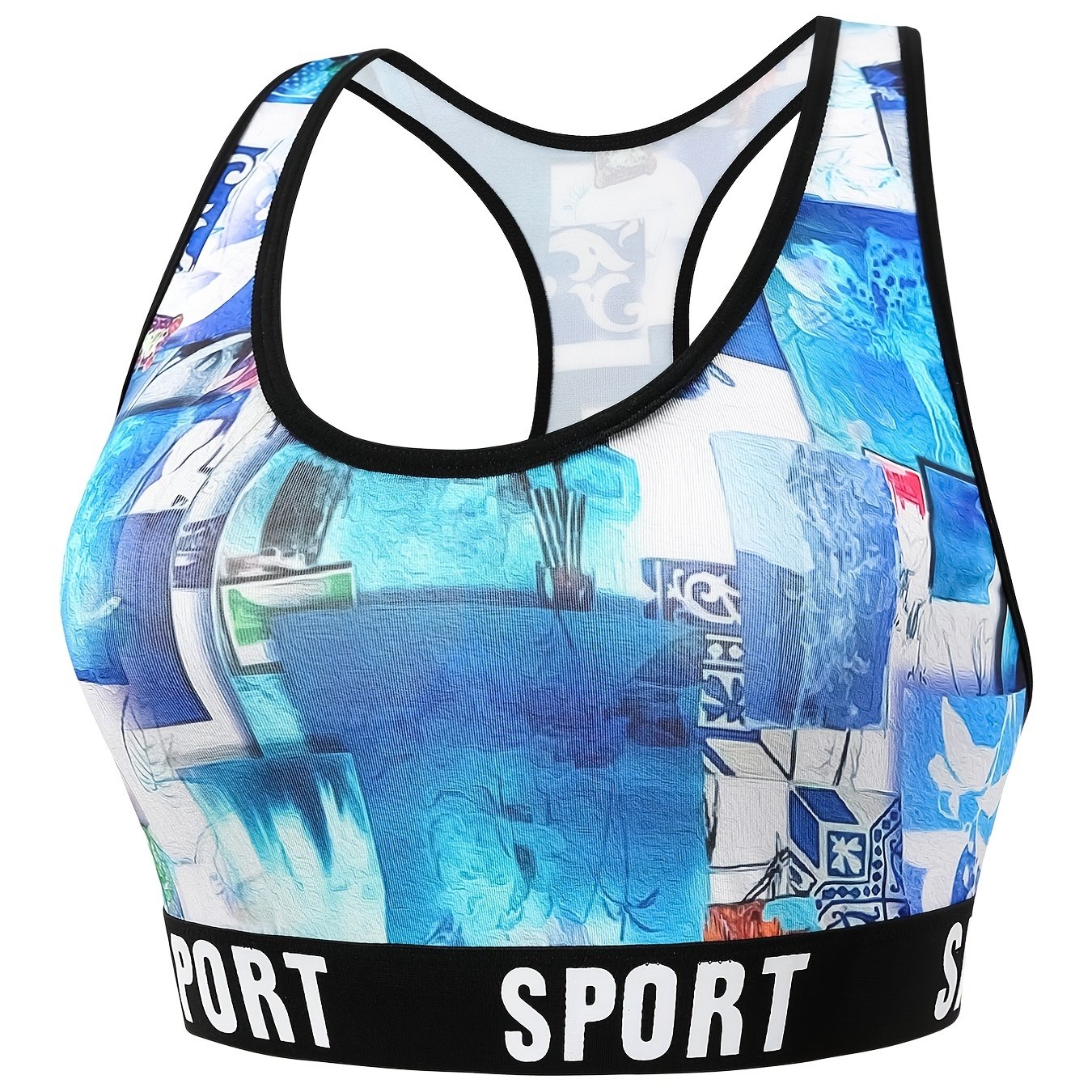 Sporty Sea Print Tape Racer Back Plus Size Bra