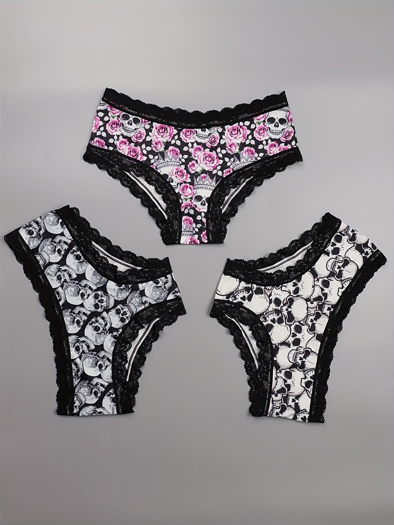 3 Pack Plus Size Gothic Skull & Rose Print Lace Trim Panties Set