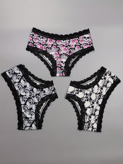3 Pack Plus Size Gothic Skull & Rose Print Lace Trim Panties Set