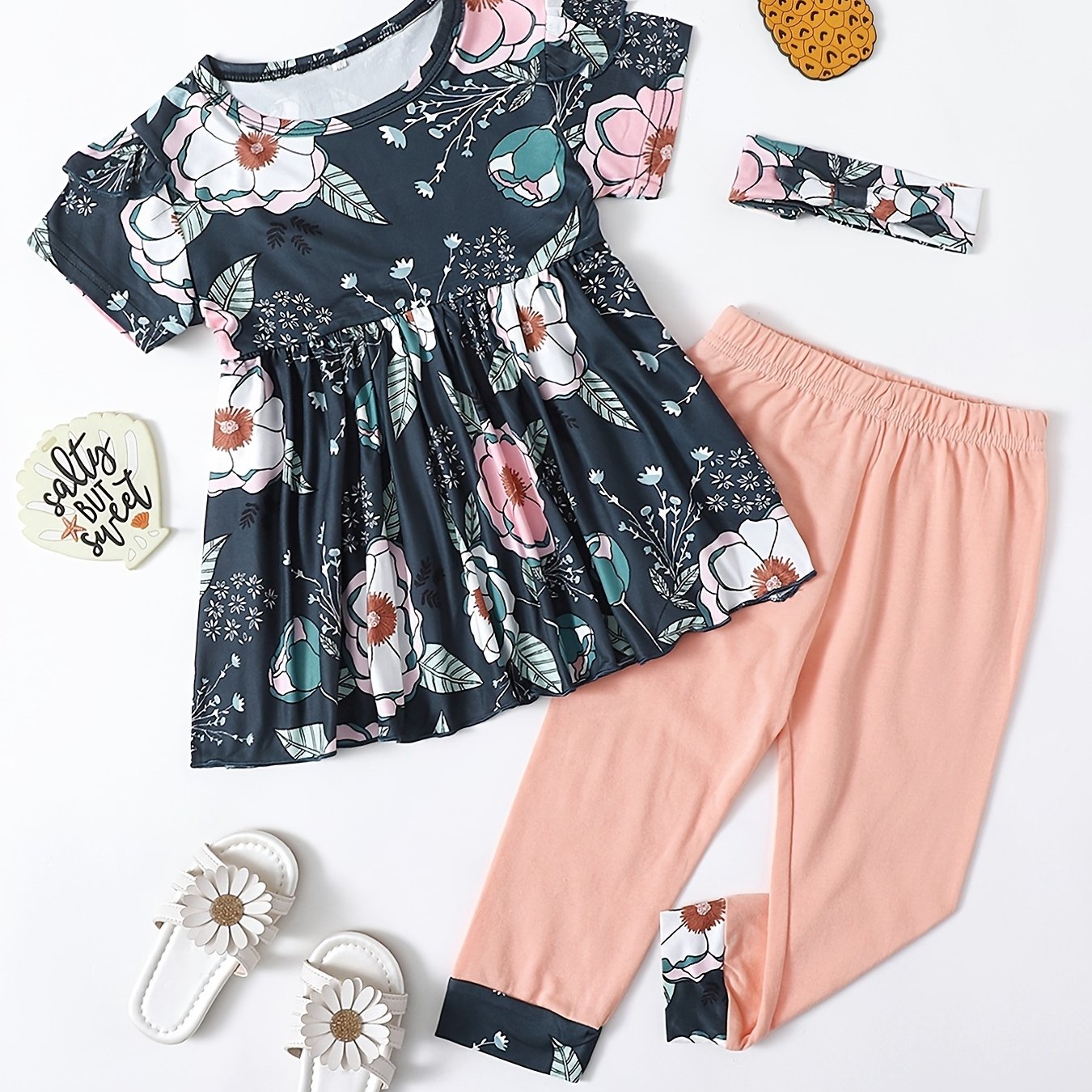Girls Peplum Top & Flower Pants Set with Headband