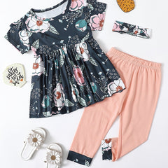 Girls Peplum Top & Flower Pants Set with Headband