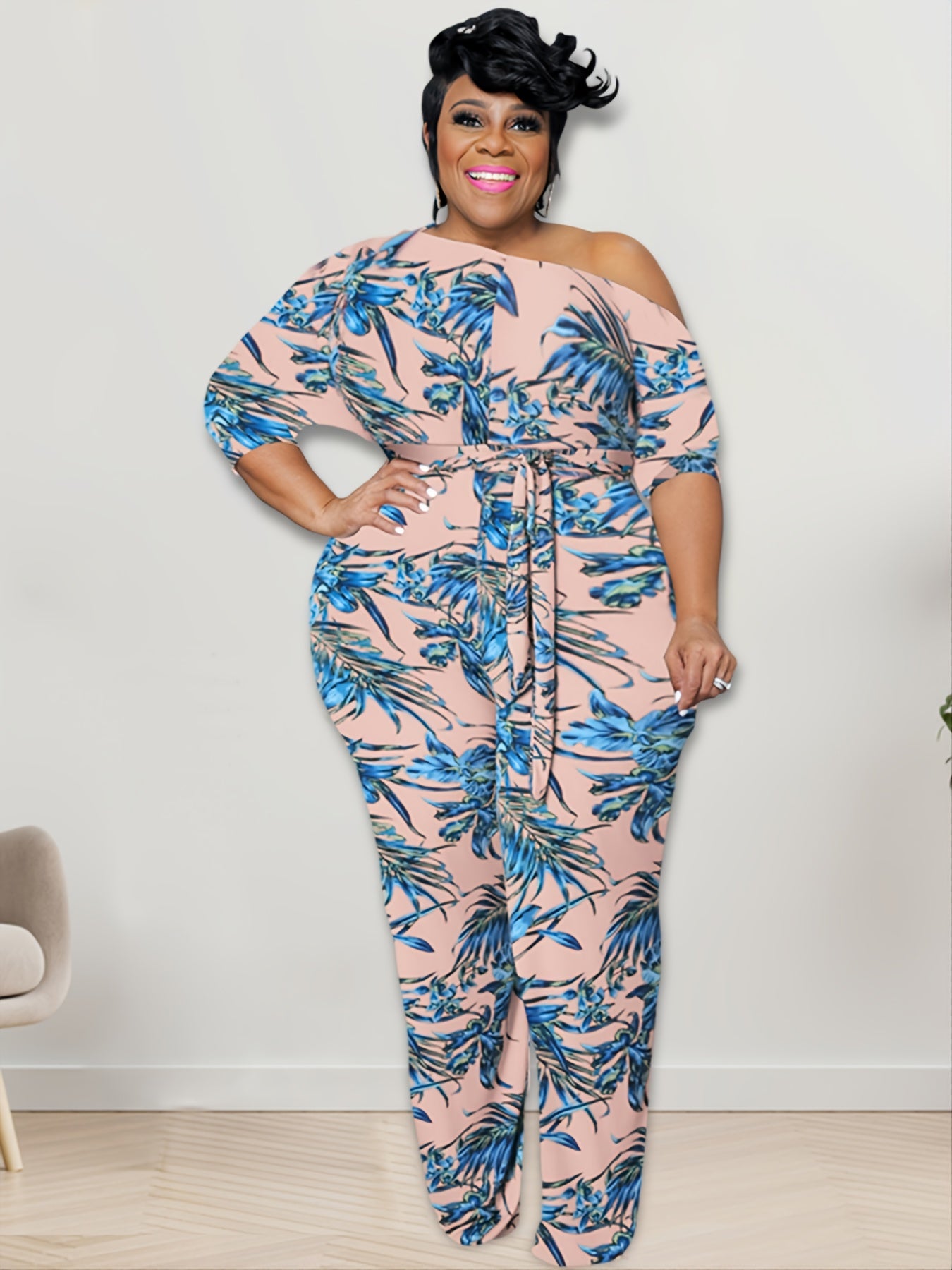 Geometric Print One Shoulder High Waist Jumpsuit