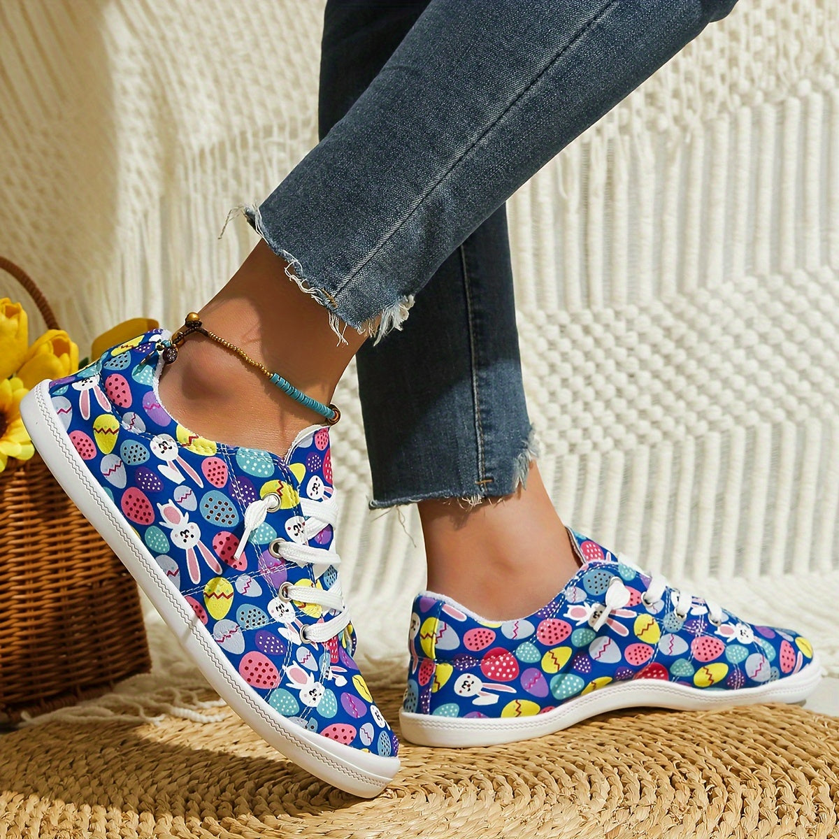 Colorful Print Flat Skate Shoes Lace Up Non Slip Walking Shoes