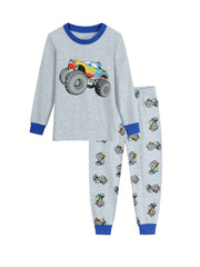 2pcs Boys Pajamas Cartoon Truck Graphic Cotton Pjs Sleepwear Set
