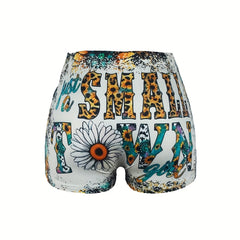 Letter & Sunflower Print Skinny Shorts