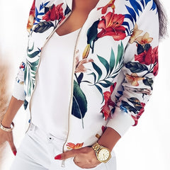 Floral Print Zip Up Jacket Casual Baseball Neck Sweater