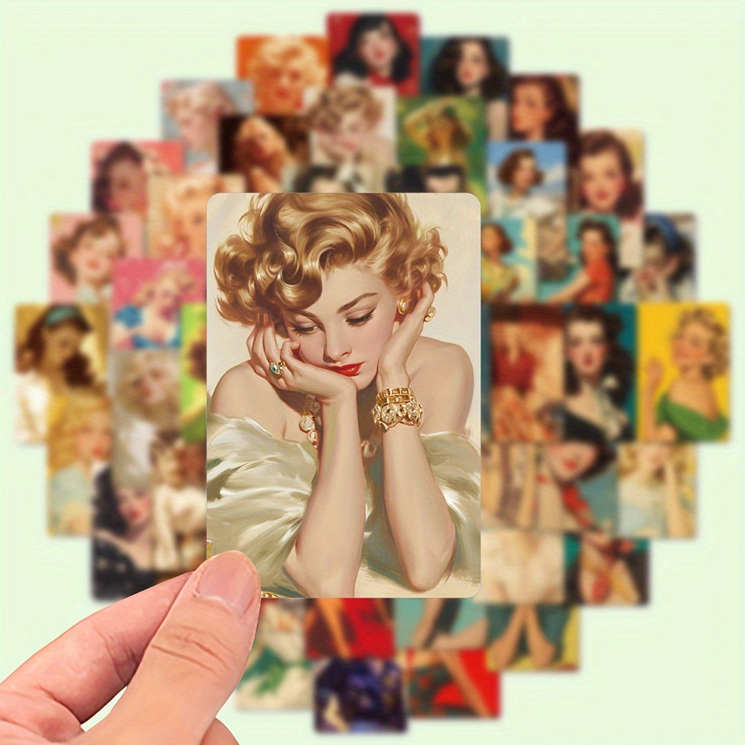 50pcs Retro Lady Graffiti Stickers Mixed Colors & Shapes Artistic Cartoon Illust