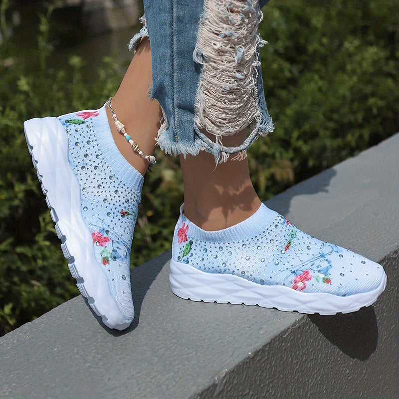 Floral Print Slip On Sock Shoes with Rhinestones