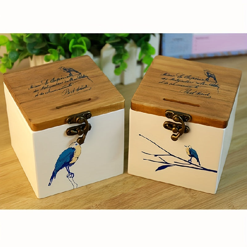 Wooden Bird Pattern Piggy Bank Storage Box Gift