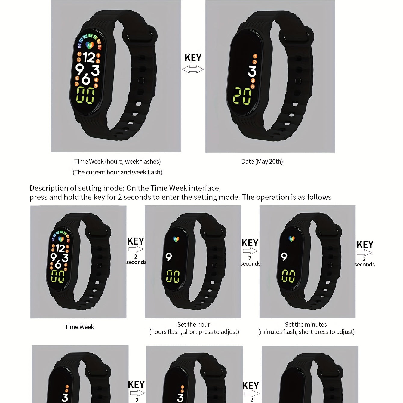 Boys Teens Heart Weekly Date Touch Sports LED Watch