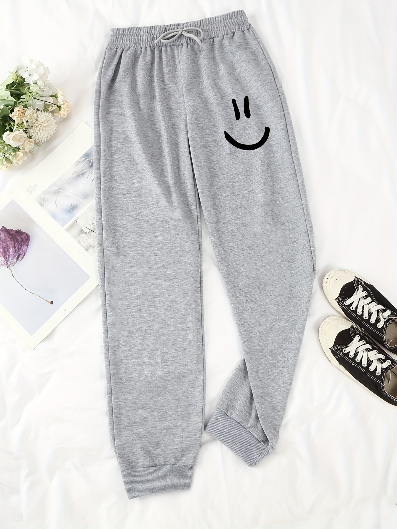 Smile Graphic Print Drawstring Jogger Sweatpants Women's Clothing