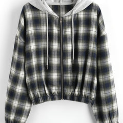 Plaid Hooded Zip Jacket Hoodies Long Sleeve