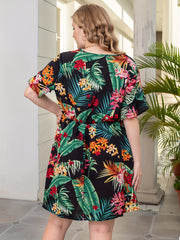 Women's Plus Tropical Print Ruffle Sleeve V Neck Dress