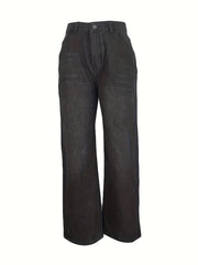 Loose Fit Straight Jeans Slash Pockets Baggy Denim Pants