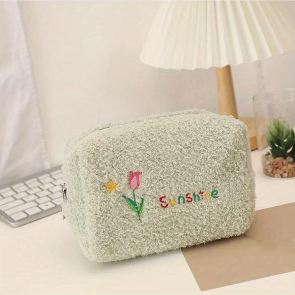 Embroidered Makeup Bag Plush Zip Toiletry Travel Organizer Gift