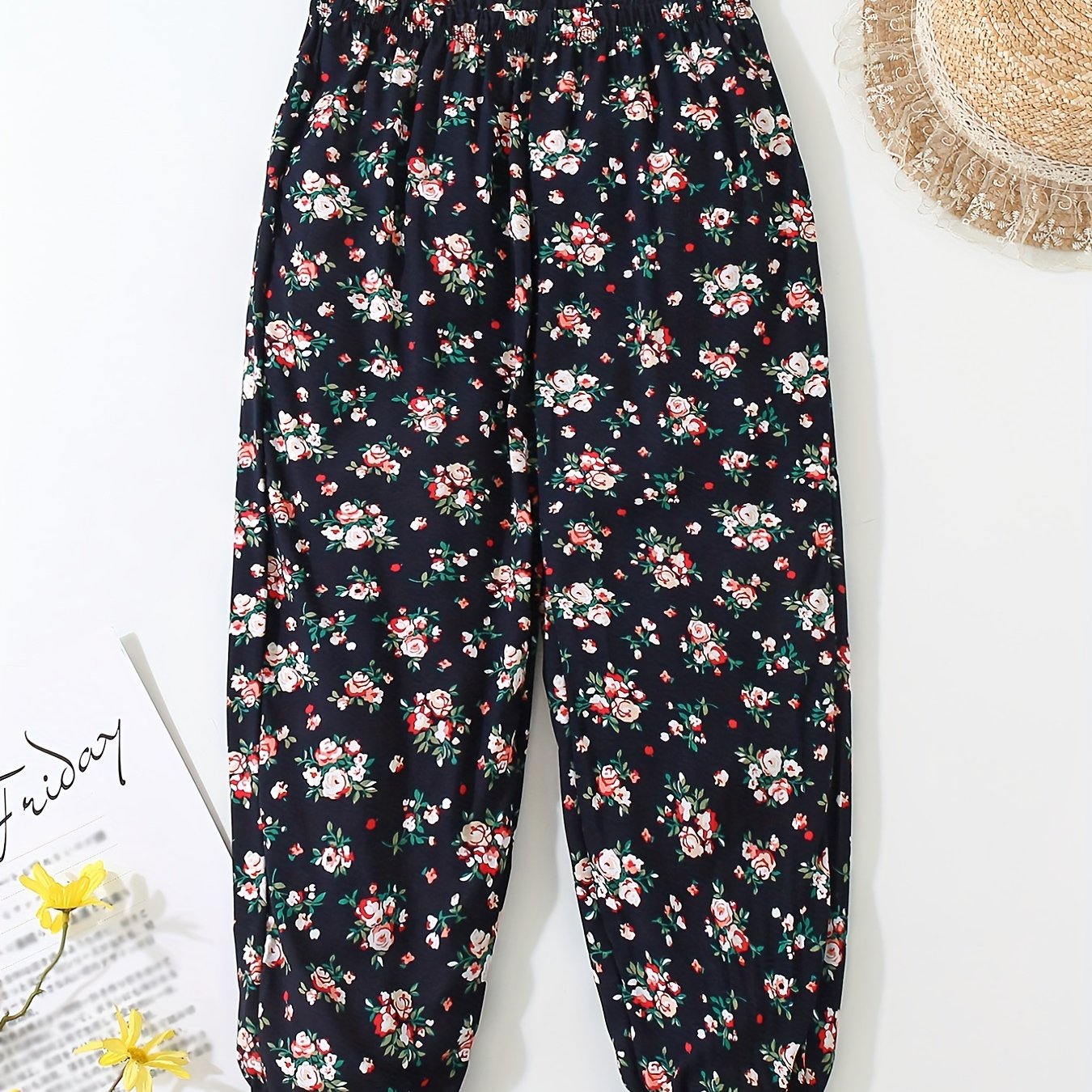 Girls Tiny Flowers Graphic Cotton Jogger Trousers Summer Kids Baggy Pants
