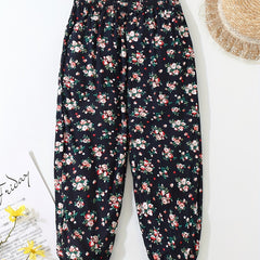 Girls Tiny Flowers Graphic Cotton Jogger Trousers Summer Kids Baggy Pants