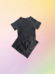 Ribbed Yoga Set Crop Top & High Waist Shorts Activewear