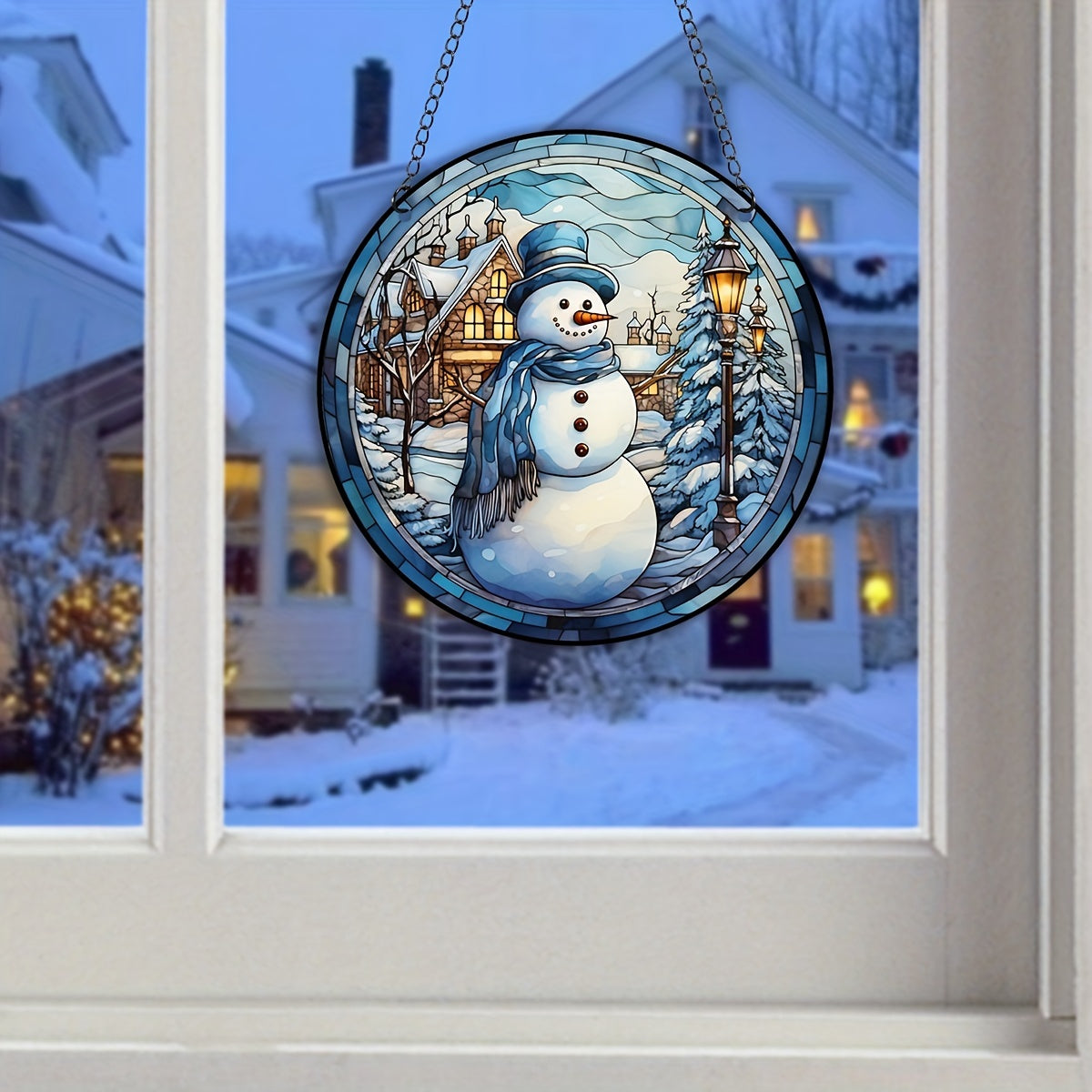 Christmas Snowman Suncatcher Stained Glass Window Hanging