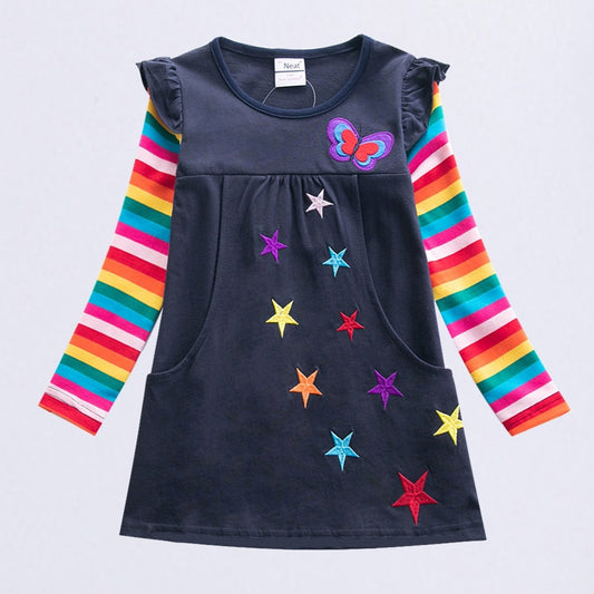 Long Sleeve Star Butterfly Embroidered Rainbow Sleeve Dress