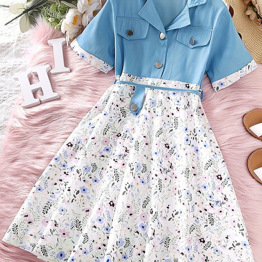 Girls Short Sleeve Floral Button Front Dress Kids Summer Clothes