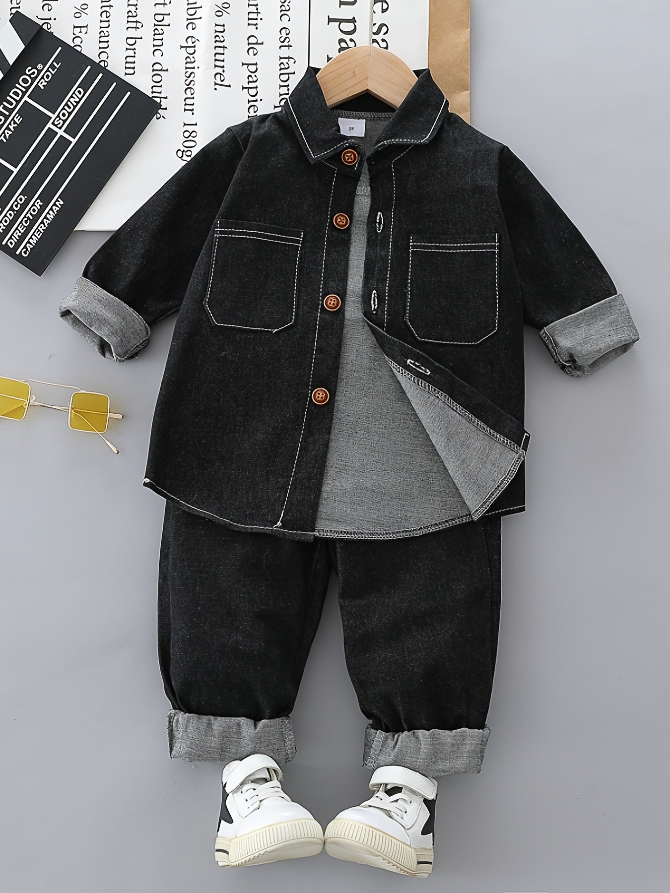 Boy's Denim Shirt & Pants Set Street Style Outfits For Spring Fall