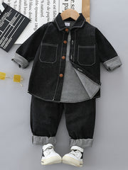 Boy's Denim Shirt & Pants Set Street Style Outfits For Spring Fall