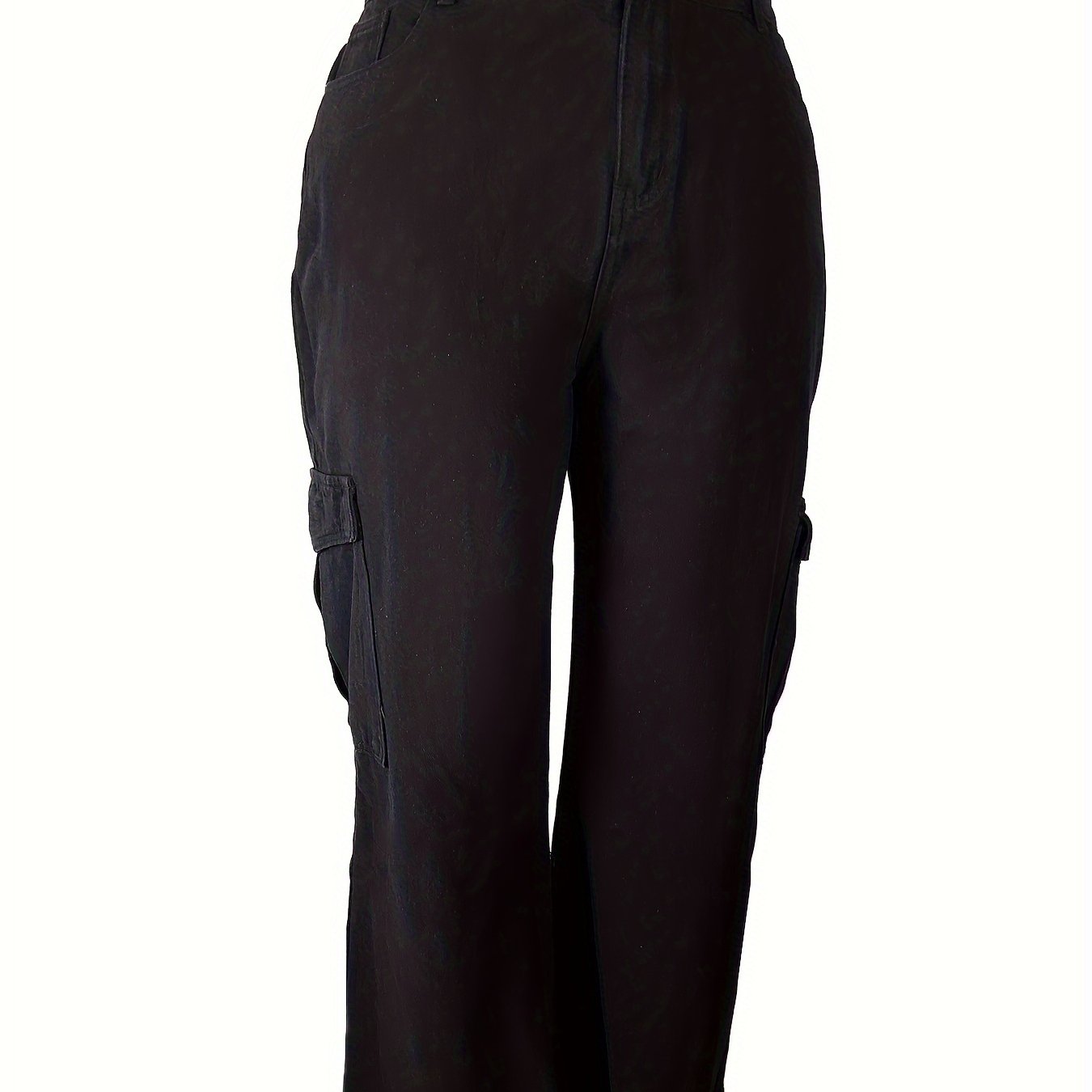 Solid High Rise Wide Leg Cargo Jeans With Pockets